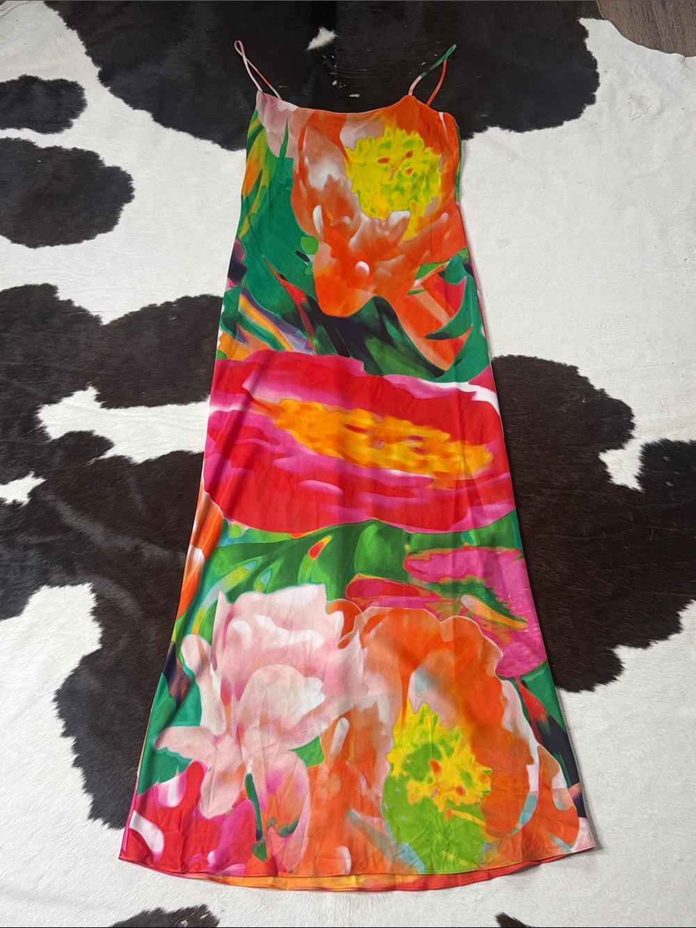 Natori Bright Green and Orange Printed Silk-Look Top